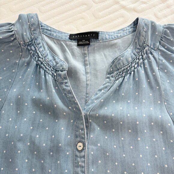 💙 Sanctuary Short Puff Sleeve Polka Dot Button-down Blouse Blue & White Size XS - Picture 7 of 7